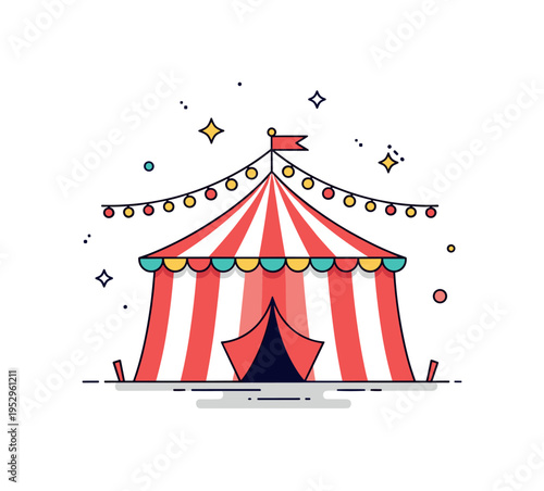 Carnival night glow striped circus tent topped with a string of shining bulbs and subtle sparkles in the air, expressing excitement, spectacle and joyful