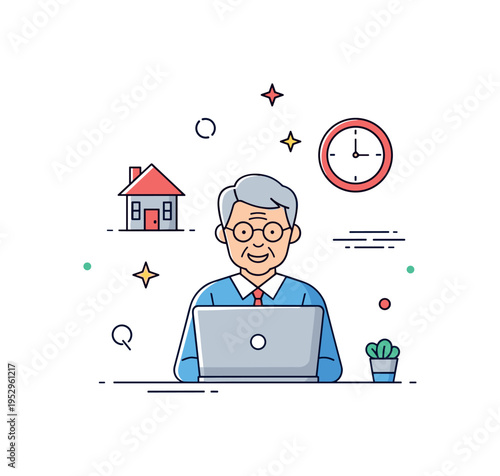 Flexible work life balance for aging employees showing a mature professional at a laptop with a small home icon and clock symbol nearby, representing adaptable