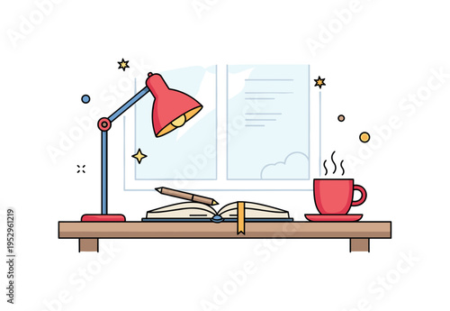 Home office writing corner featuring a simple desk with an open journal, steaming cup, and subtle window outline behind, conveying inspiration and daily