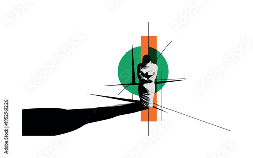 Black and white figure wrapped in arms in the corner with exaggerated shadow, large emerald green sun-like circle behind but partially obscured, orange