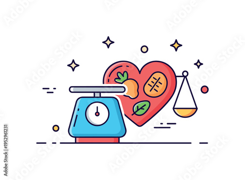 Weight management counseling scene showing a small scale icon next to a heart shaped healthy meal symbol. The composition reflects balanced progress and