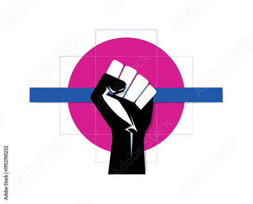 Black and white raised fist symbolizing feminism, large magenta sun-like disc behind intersected by sharp cobalt blue horizontal bar suggesting solidarity,