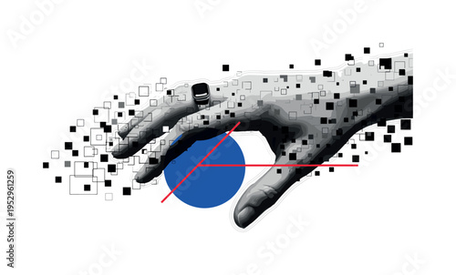 black and white fragmented hand with smart ring dissolving into geometric shapes and pixel-like blocks, bold blue circle intersected by thin red line, subtle
