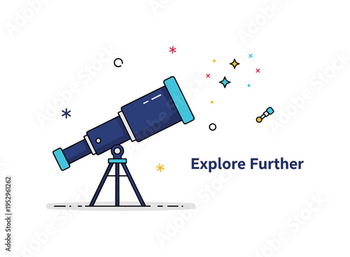 Scientific discovery space research concept featuring a compact telescope silhouette aimed toward a tiny star cluster, symbolizing exploration beyond the known