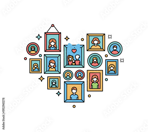 Family photo gallery cluster of framed portraits arranged in a heart shaped composition on a living room wall, expressing warmth and personal storytelling