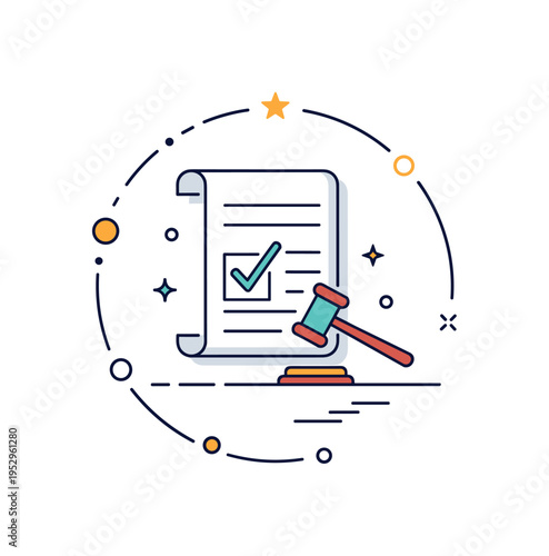 Legal verdict announcement concept with a paper sheet marked by a prominent check mark and subtle gavel detail representing closure and court authority. The