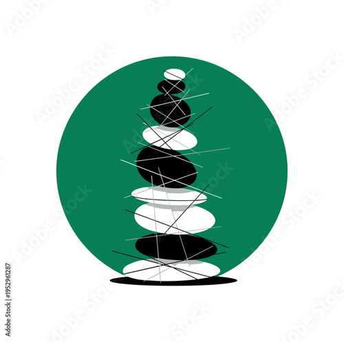 black and white stacked stones balanced vertically, bold forest green circle framing composition, abstract flat blocks and fine intersecting lines creating