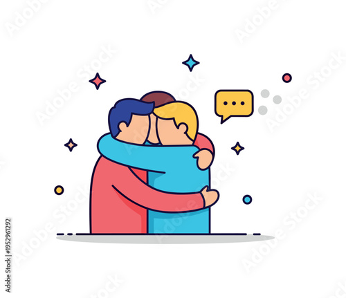 Friendship reunion embrace two friends hugging with small chat bubble icon fading behind them, conveying renewed connection and meaningful bonds restored.