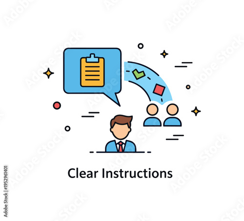 Healthy delegation communication clarity scene illustrated by a speech bubble containing a task icon flowing from a leader to a team member, symbolizing clear