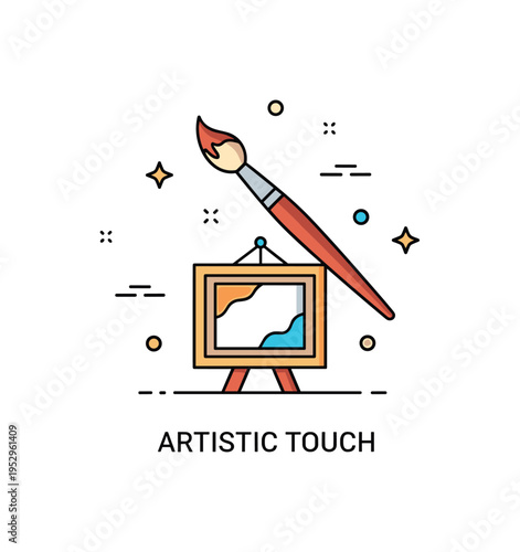 Painting brush fine art concept with a slender brush crossing over a small framed canvas icon, conveying professional artistry and attention to detail. The
