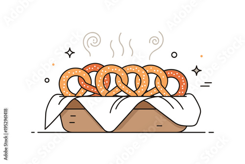 Freshly baked pretzels cooling in basket illustrated with warm toned twists resting on a cloth lining, expressing homemade baking and inviting aroma. Subtle