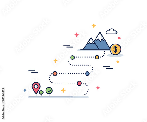 Off the beaten path exploration centered on a winding dotted trail leading to a small mountain icon and a tiny coin symbol, expressing independence, smart