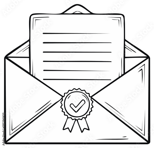Hand-Drawn Open Envelope with Document and Checkmark Seal Sketch