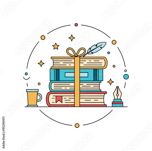 Vintage book stack tied with a ribbon and a small feather quill symbolizing timeless storytelling and classic literature appreciation. The balanced circular