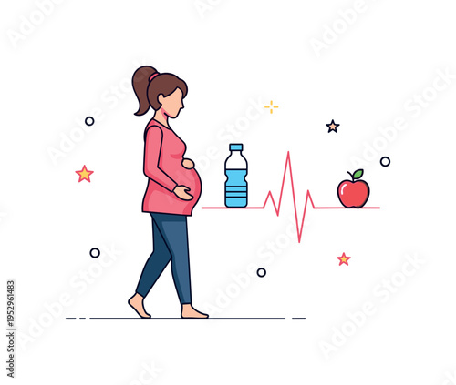 Healthy pregnancy lifestyle pregnant woman walking with a water bottle and apple icon beside a soft heartbeat line, illustrating balanced nutrition and gentle