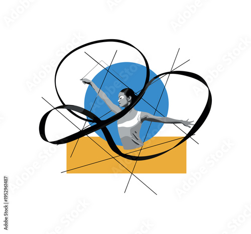 Black and white Chinese ribbon dancer with flowing ribbon forming geometric curves, bright blue circular halo behind the upper body, golden yellow rectangular