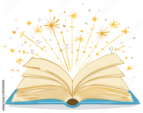 Open book releasing magical stars and sparkles representing imagination and discovery