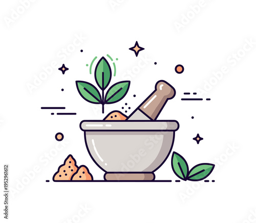 Herbs and spices aromatic preparation scene featuring a mortar and pestle crushing stylized herb leaves with subtle motion accents. The composition reflects