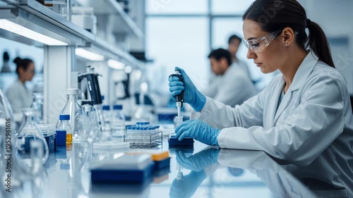 Research professional conducting experiments with laboratory equipment and team