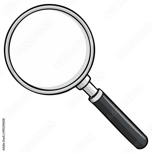 Cartoon magnifying glass tool with a clean white lens and black handle for inspection and discovery
