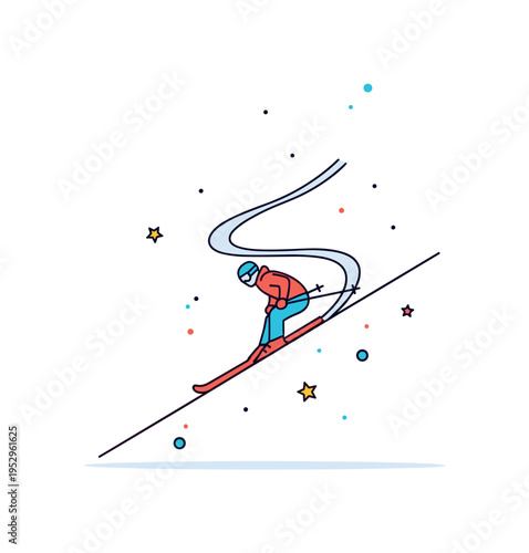 Cross slope carving technique theme represented by a skier forming an elegant S shaped trail across a snowy incline. The scene reflects control, technique, and