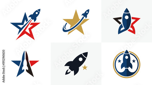 Collection of six rocket and star logo designs, showcasing variations in color and style.