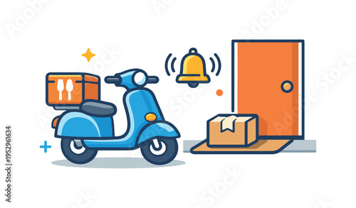 Food delivery scooter waiting at a doorstep with a small package and bell symbol, representing contactless delivery and everyday convenience. The mood is calm