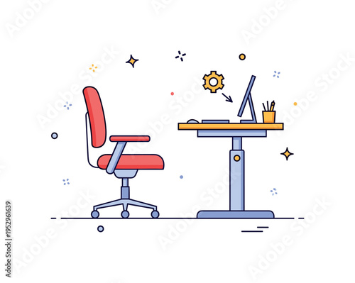 Home office smart setup featuring an ergonomic chair, adjustable desk, and a tiny settings gear icon, symbolizing comfort, customization, and optimized remote