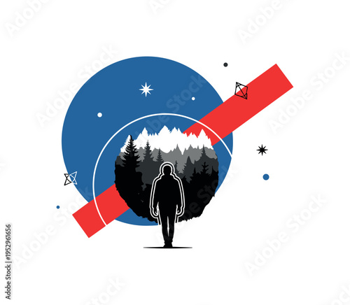 Black and white human silhouette dissolving into blurred circular gradients, large blue circle intersected by a red abstract rectangle, thin horizontal streak