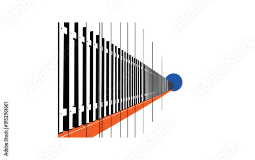 Black and white side perspective of wooden fence receding into depth, bold cobalt blue circle positioned at vanishing point, thin black vertical