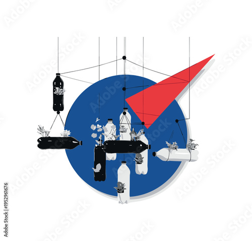 Black and white plastic bottles redesigned as vertical garden modules, large deep blue circular halo highlighting the hanging structure, sharp red triangular