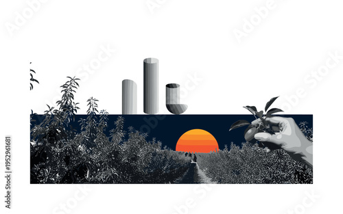 Black and white orchard row receding into distance with a single hand picking fruit in foreground, bold orange sun low on horizon, deep navy horizontal band