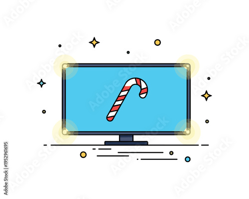 Streaming holiday classics at home with a smart TV displaying a candy cane icon and soft glowing lights around the frame. The compact scene suggests digital