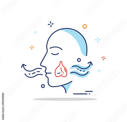 Breathing exercise awareness concept represented by a minimal face silhouette with gentle curved airflow lines moving in and out. The scene communicates