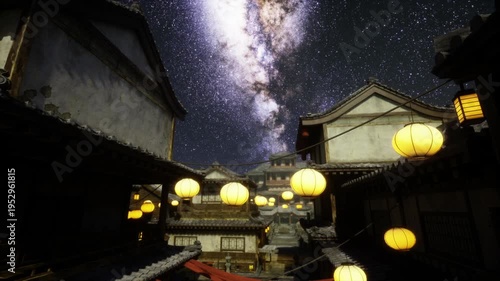 Lanterns floating above canal at night, soft golden glow reflected in still water, traditional houses framed by stringed lights, starfield overhead creates