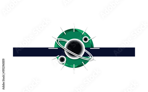 Black and white planet with stylized orbiting moon, vibrant emerald geometric circle centered behind planetary system, deep navy horizontal bar stabilizing