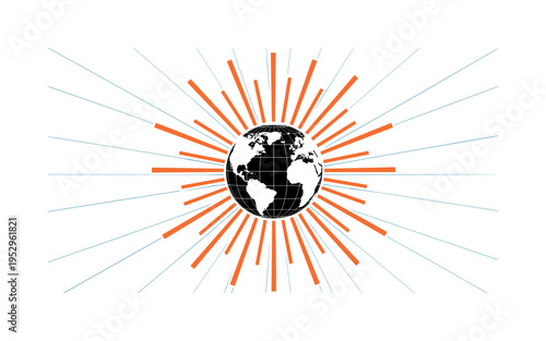 Black and white globe viewed from top angle with simplified continents, bold orange radial lines expanding outward like global signals, thin blue diagonal
