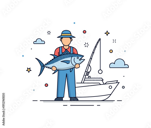 Ocean catch success compact composition with a proud angler holding a large tuna beside a small boat outline, conveying achievement and satisfaction after a