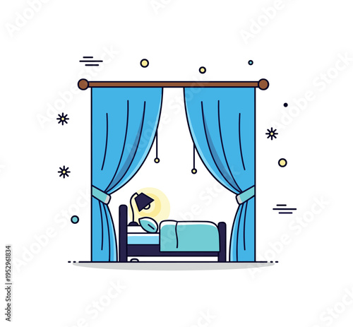 Cozy bedroom evening setup theme featuring closed curtains with a small bedside lamp silhouette glowing softly inside, expressing relaxation, warmth, and