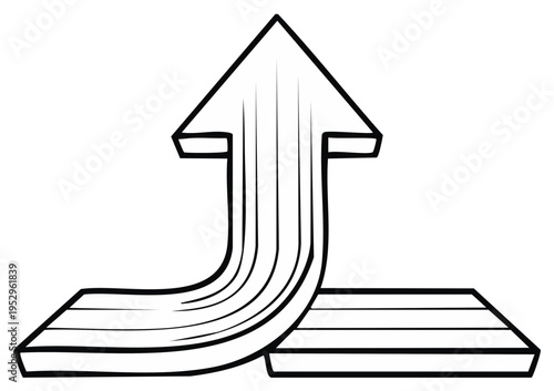 Upward trajectory arrow emerging from step symbolizes progress and growth in line art