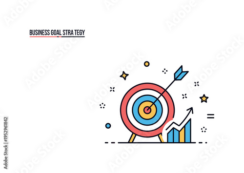 Business goal setting strategy concept centered around a simplified target with an arrow hitting the bullseye and a small upward chart beside it, symbolizing