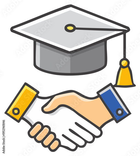 Graduation cap and firm handshake symbolizing education, future career agreement, and successful partnership opportunities.
