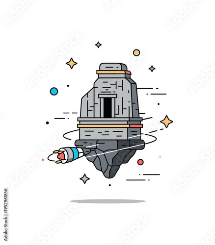 Reimagined ancient monument in space featuring a recognizable stone structure floating among stars with subtle propulsion elements, blending cultural heritage