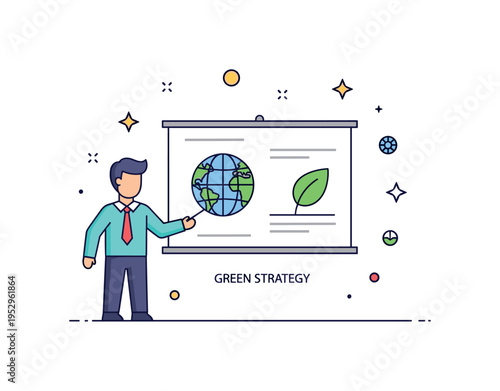 Sustainability consulting strategy session with a business professional presenting a small globe and leaf icon on a board symbolizing responsible growth and