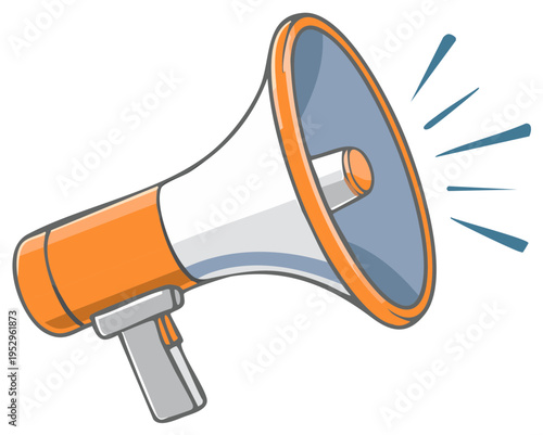 Orange and grey cartoon megaphone emitting sound waves for announcement
