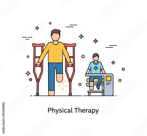 Person using crutches orthopedic care theme illustrated by a figure with one leg slightly highlighted and supported by crutches, conveying focused treatment