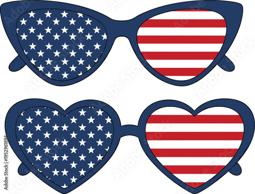 american, flag, sunglasses, patriotic, usa, glasses, heart, shape, stars, stripes, independence, day, symbol, vector, illustration, stylish, accessory, celebration, design, icon
