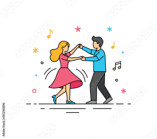 Lighthearted dance together couple twirling in a small open space with subtle musical note accents, conveying spontaneity and joyful movement. Minimalist flat