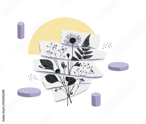 A composition of black-and-white pressed wildflowers and leaves arranged asymmetrically, fragmented into layered collage pieces, oversized pale