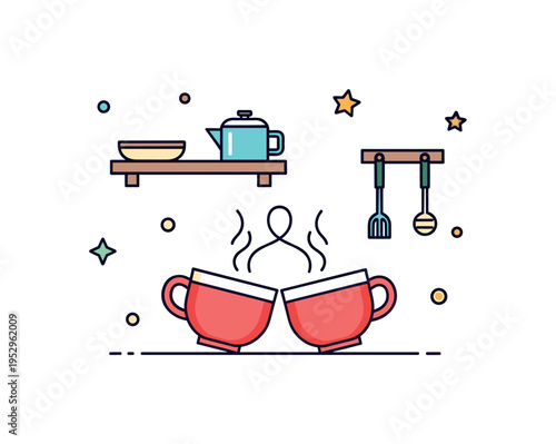 Cozy kitchen tea moment for elderly partners depicted with a simple kitchen shelf in the background and two cups clinking softly, expressing celebration of